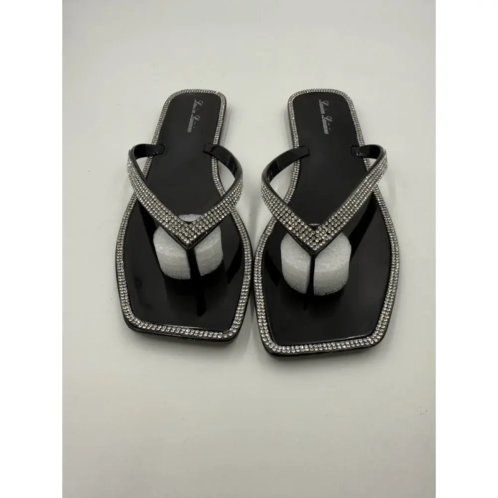 Lauren Lorraine Jellys Thong Sandal Square Toe Size 9.5 Rhinestones Tampa Black - Picture 3 of 9